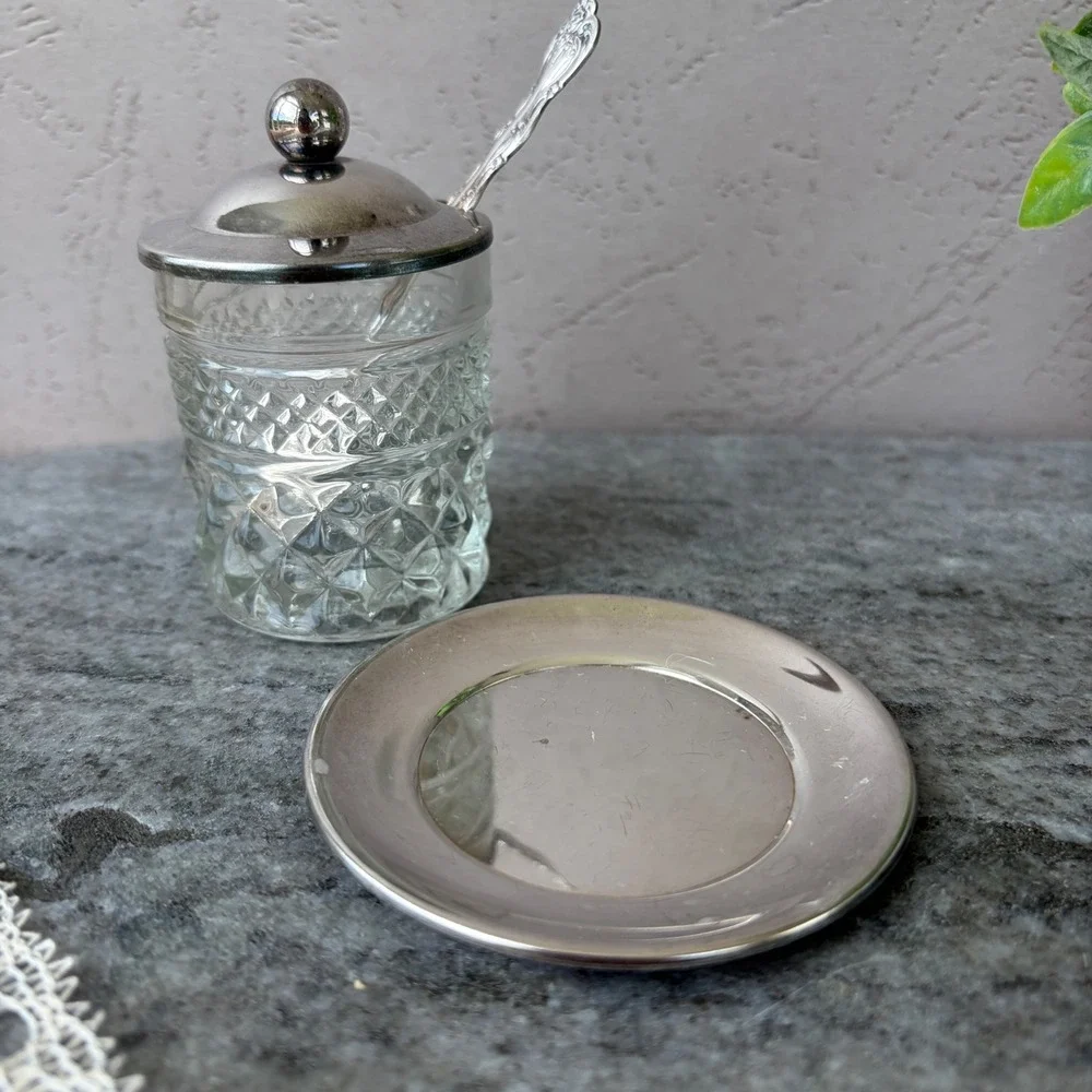 Vintage Diamond Cut Glass Jam Pot Set with Silver Tone Lid Spoon and Plate